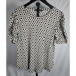 Black Cream Retro Floral Daisy Puff Sleeve Top Sz M Y2K Cottagecore Mod Feminine